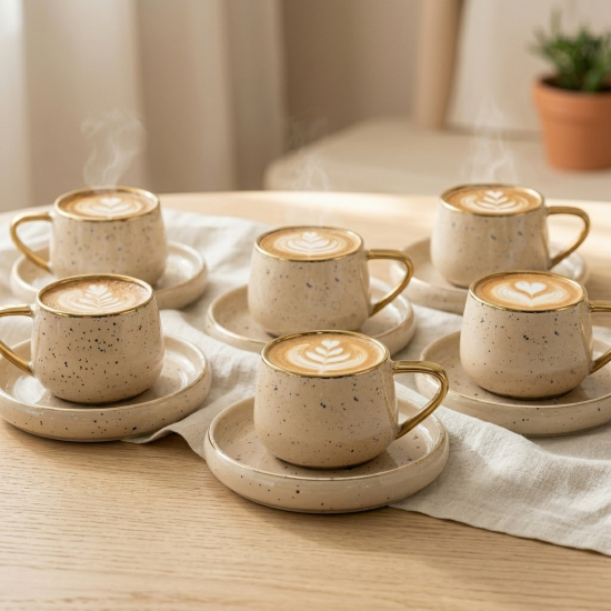 Porcelain Coffee Cup and Saucer Set - 6 Pcs
