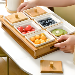 Wooden & Porcelain Serving Platter - 6 Pieces