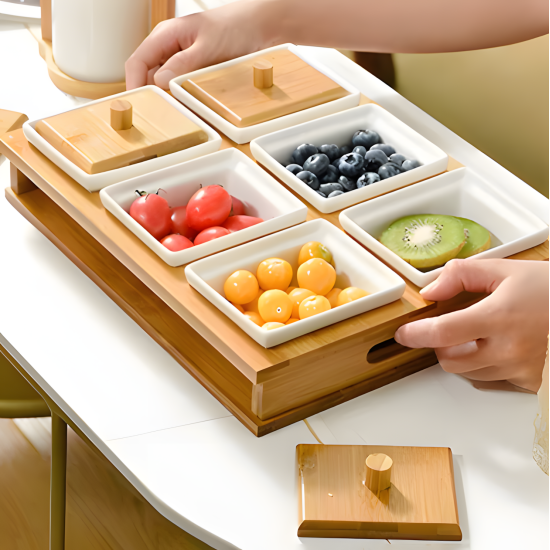 Wooden & Porcelain Serving Platter - 6 Pieces