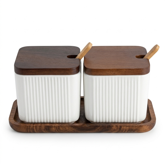 Sugar Bowl with Wooden Lid 2 Pieces 