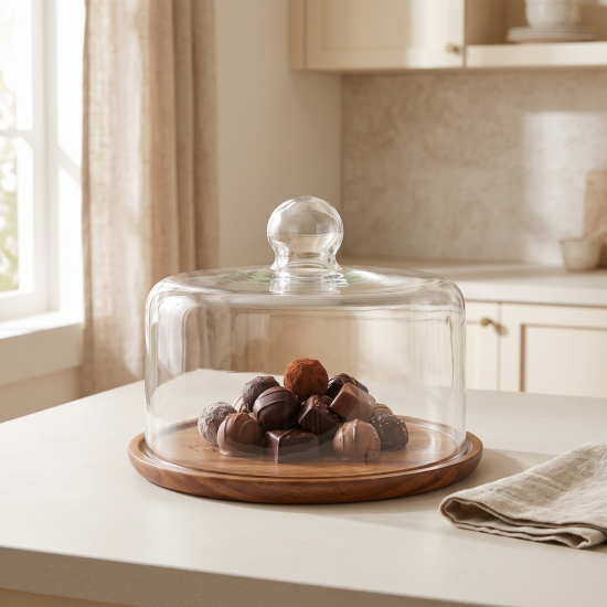 Glass Serving Tray with Wooden Base