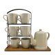 Mug Set 6 Pcs With Wooden Stand & Teapot
