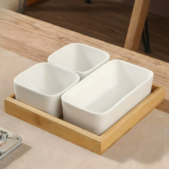 Wood and Porcelain Three-Piece Serving Set