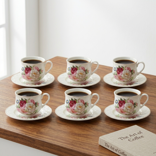 Porcelain Coffee Cup and Saucer Set - 6 Pcs