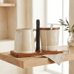 Sugar Bowl & Creamer Set With Wooden Stand