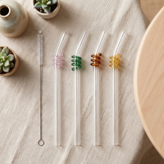 Glass Straws And Cleaning Brush- 5 Pcs