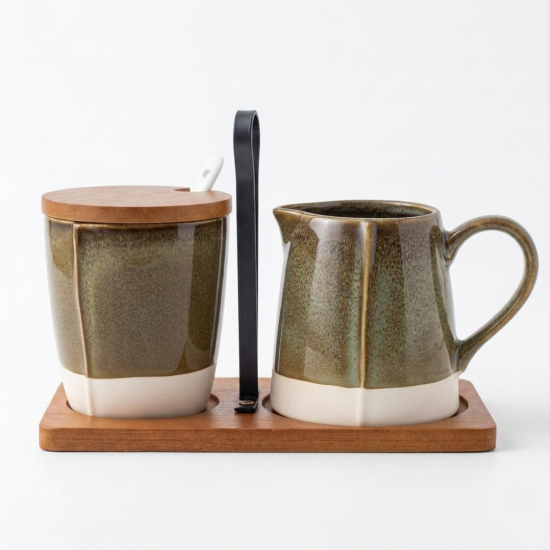 Sugar Bowl & Creamer Set With Wooden Stand