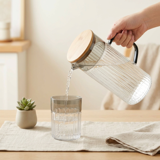Glass Jug with Wooden Lid And Cup