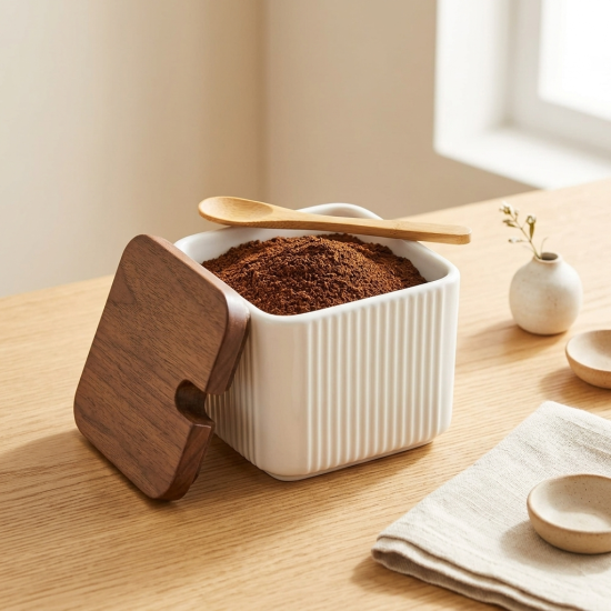 Sugar Bowl with Wooden Lid 2 Pieces 