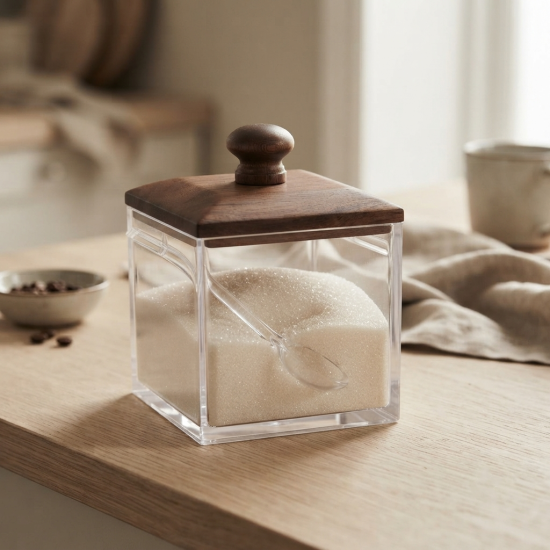 Acrylic Sugar Bowl With A Walnut Wood Lid