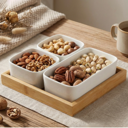 Wood and Porcelain Three-Piece Serving Set